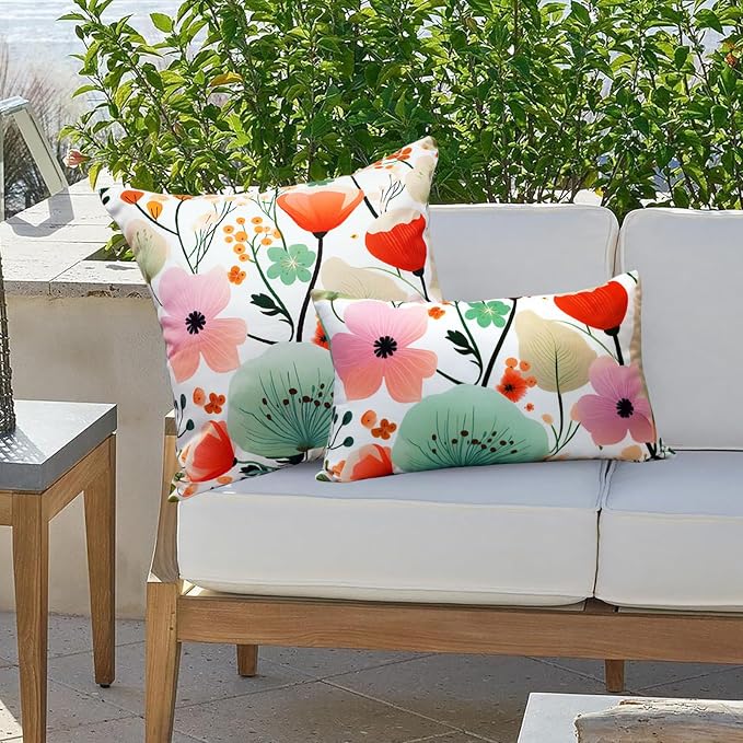 Floral Outdoor Throw Pillow Covers 18x18 Waterproof Colorful Summer Spring Garden Decorative Square Patio Pillows Outdoor Pillows Covers for Patio Furniture Set of 2 (No Pillow Insert)