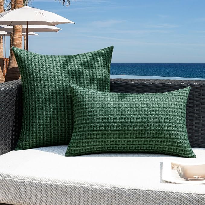 Kevin Textile Outdoor Waterproof 18"x18" Pillow Covers 2 Pack, Dark Green | Water Resistant Weaving Faux Linen Texture Throw Pillow Covers, Outside Decorative Pillowcases for Garden Patio Balcony Couch