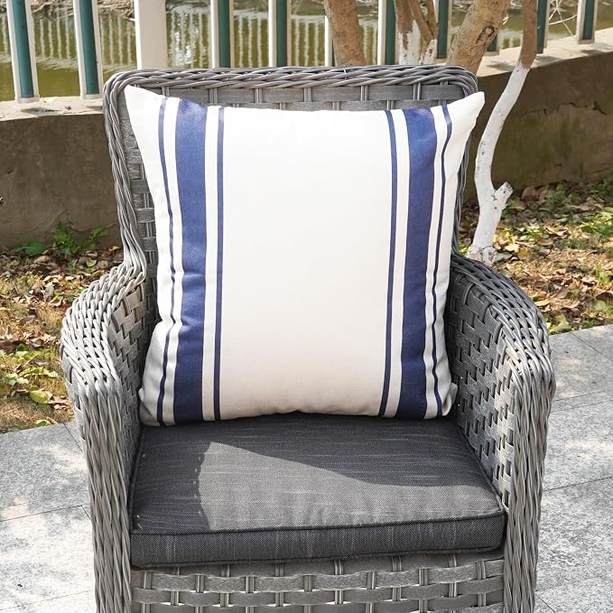 ONWAY Outdoor Pillow Covers Waterproof 20x20 Set of 2 Decorative Linen Throw Pillow Cover Beige and Navy Blue Striped Outdoor Pillows for Patio Furniture