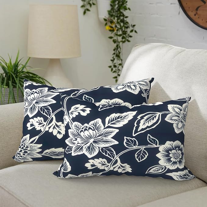 DYTXIII Pack of 2 Waterproof Outdoor Lumbar Pillow with Inserts, 12x20 in Rectangle Decorative Patio Throw Pillow for Home, Sofa,Bench and Patio Furniture, Vines Navy