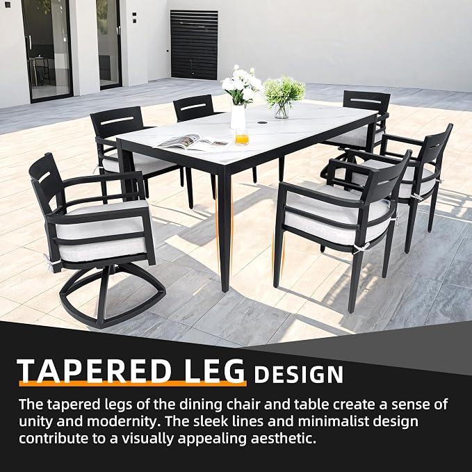 7PC Aluminum Outdoor Patio Dining Set, 71" Rectangular Dining Table with White Marble Pattern Sintered Stone Top, 4 Chairs & 2 Cushioned Swivel Rockers, All-Weather Patio Furniture