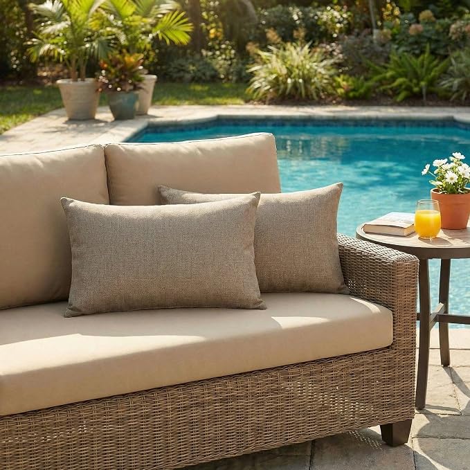 RSH DECOR: Sunbrella Lumbar Throw Pillows Set of 2 | 20" x 12" | Water & Fade-Resistant Performance Fabric | Outdoor Pillow Covers with Down-Alternative Inserts | Made in USA (Spectrum Mushroom Brown)