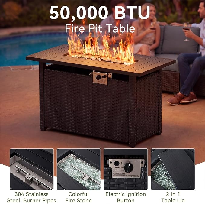 LazySunsets 10 PCS Patio Furniture Set with 44'' Fire Pit Table, Outdoor Sectional All-Weather Wicker Conversation Set with Swivel Rocker Chairs, 4'' Thick Cushions for Backyard Poolside(Crey/Black)