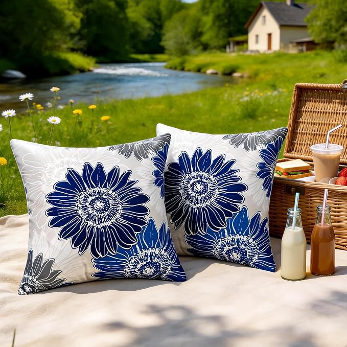 Outdoor Floral Throw Pillow Cover Blue Grey Sunflower Decorative Accent Pillows 16x16 Set of 2 Pillow Covers Waterproof Square Farmhouse Couch Pillow Covers for Living Room Sofa Patio Furniture Garden
