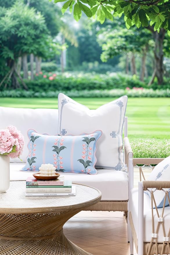 Hofdeco Premium Grandmillennial Coastal Hampton Patio Indoor Outdoor Throw Pillow Cover Only, 22"x22" Water Repellent for Backyard, Couch, Poolside, Baby Blue Embroidered Chinoise Lucky Knots