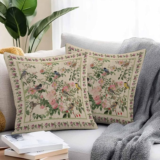 Vandarllin Outdoor Throw Pillows Covers 20x20 inch Set of 2 Waterproof Pink Floral Bird Decorative Zippered Cushion Covers for Patio Furniture, Green Leaves Branches Linen Lumbar Pillowcases