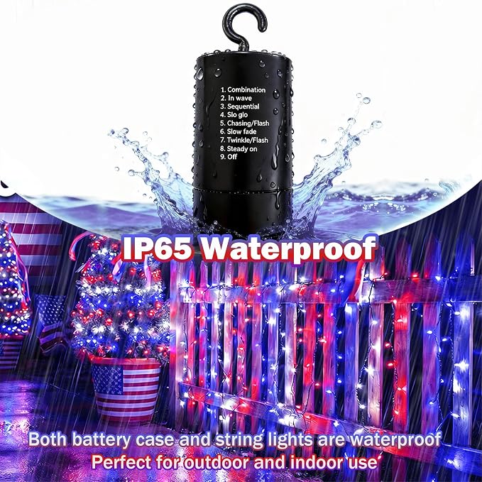 66ft 200LED Red White Blue Patriotic Lights for 4th of July Decoration Battery Fairy String Lights Indoor Outdoor Waterproof Remote Timer 8 Modes for Independence Day American Flag Holiday