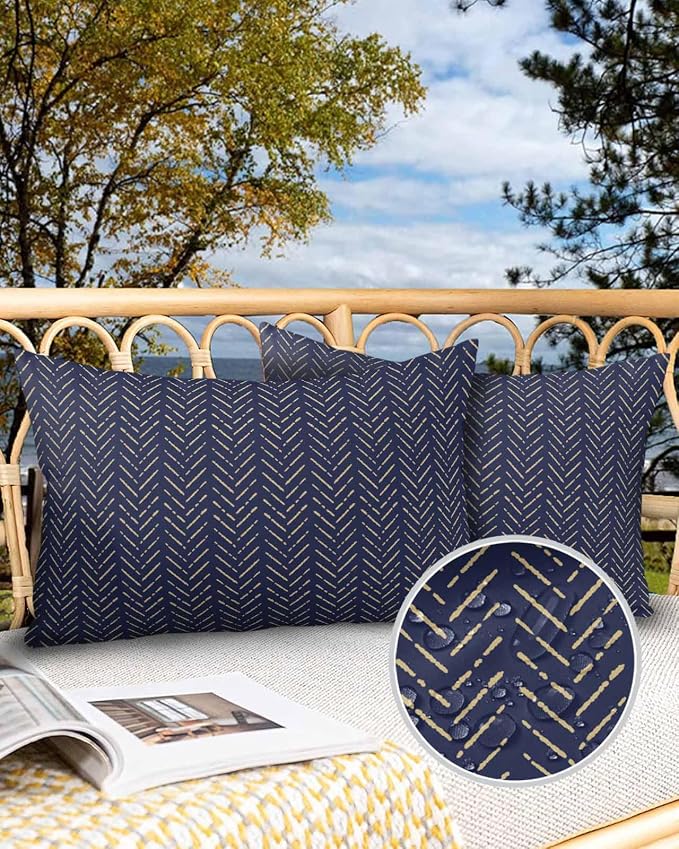 Navy Blue Gold Striped Outdoor Pillow Covers Waterproof,All Weather Cushion Case Set of 2 Lumbar Pillowcase for Sofa Couch Bed Decor Patio Furniture 20"x12" Contemporary Minimalist Boho Geometric