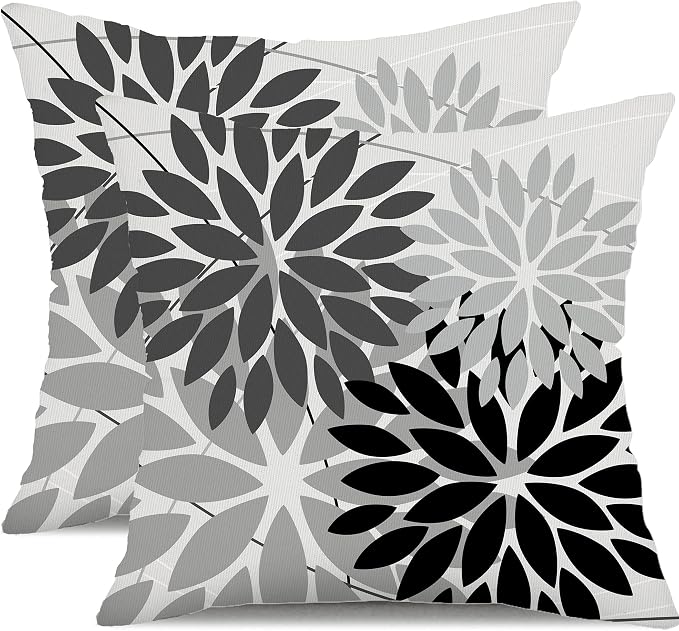 DFXSZ Pack of 2 Outdoor Waterproof Throw Pillow Covers 18x18 Grey Black | Polyester Colorful Spring Summer Floral Decorative Cushion Cases(NO INSERT),For Couch Patio Funiture Garden Home Decor