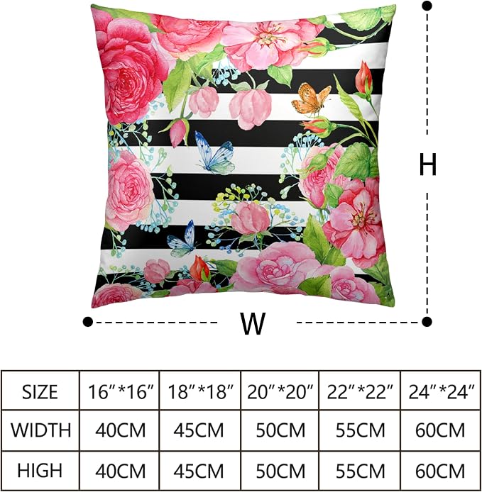Spring Summer Pillow Covers 24x24 Set of 2 Rose Throw Pillow Covers Butterfly Flowers Pillow Case Black Stripes Cotton Blend Cushion Case for Home Decor Couch Sofa