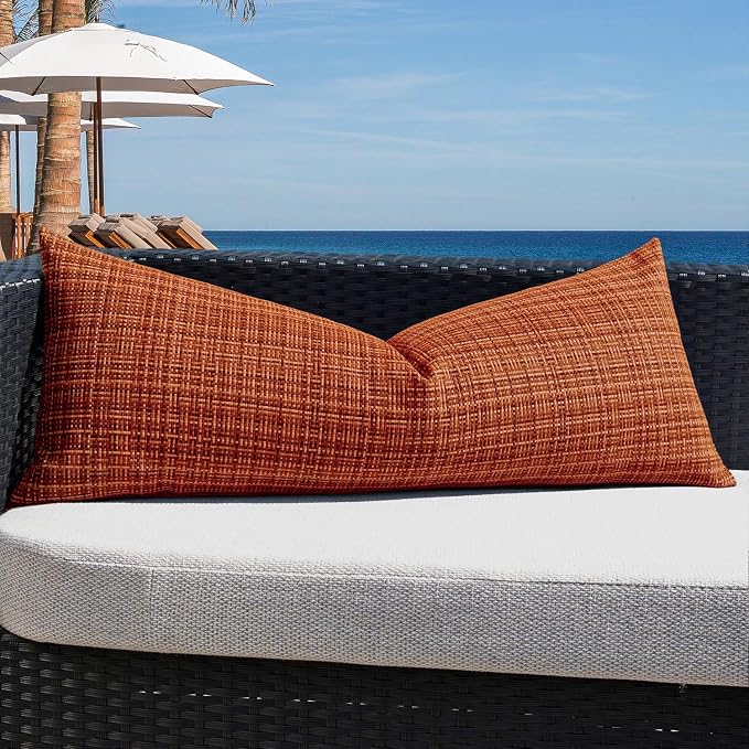 Kevin Textile Outdoor Waterproof 14"x36" Pillow Cover 1 Pack, Burnt Orange | Fall Water Resistant, Faux Linen Yarn-dyed, Woven Texture Throw Pillow Covers for Tent Patio Garden Couch Sofa
