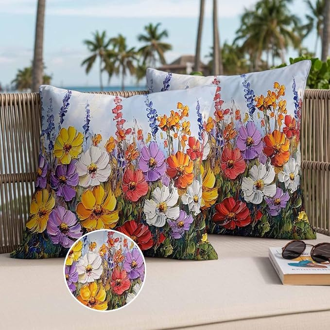 Vintage Wildflowers Waterproof Outdoor Pillow Covers Set of 2 Home Decor, Rustic Oil Painted Abstract Botanical Pillowcase Patio Pillow Covers for Couch Bench Furniture Garden 20x20in