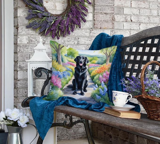 Caroline's Treasures Flat-Coated Retriever Spring Path Throw Pillow Machine Washable, Indoor Outdoor Decorative Pillow for Couch, Bed or Patio, 18Hx18W