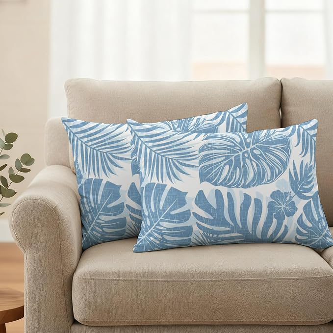 Coastal Blue Palm Leaves Outdoor Pillow Covers 20"x12" Set of 2, Tropical Botanical Minimalist Modern Waterproof Throw Pillow Covers for Patio Furniture, Decorative Cushion Covers for Porch