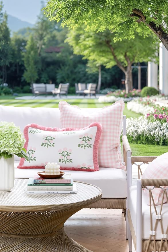 Hofdeco Premium Grandmillennial Patio Indoor Outdoor Throw Pillow Cover Only, 20"x20" Water Repellent for Backyard, Couch, Poolside, Blush Pink Print Gingham