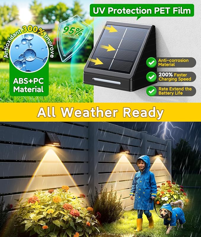 KOOPER Solar Fence Lights Outdoor Waterproof 2 Pack, Solar Fence Lights with Ultra-Bright LED Lens, 10 Modes & 9 Colors Outdoor Solar Lights for Fence, Backyard, Railing, Patio, Wall, Step, Deck