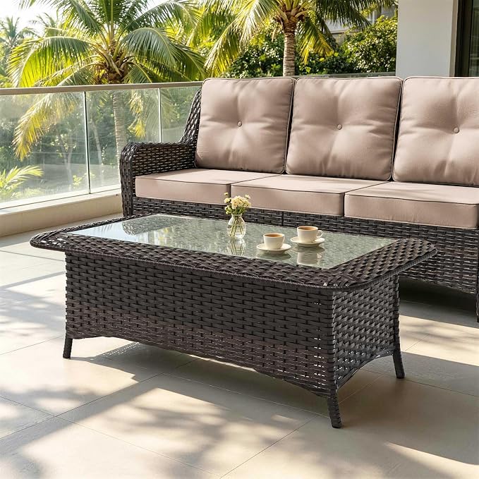 Outdoor Coffee Table with Tempered Glass Top, Wicker Patio Coffee Table Compatible with Patio Furniture Sets for Porch, Deck, Backyard, Brown
