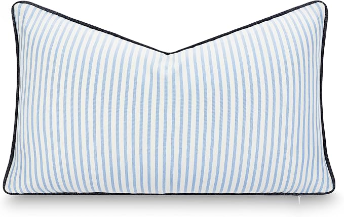 Hofdeco Premium Coastal Hampton Outdoor Performance Lumbar Pillow Cover Only, 12"x20" Water Repellent, UV and Fade Resistant for Backyard, Couch, Poolside, Azure Blue Indigo Woven Coastline Stripes