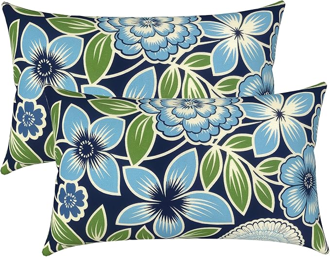 LVTXIII Outdoor Lumbar Pillow Covers Only Set of 2 Patio Decorative Pillow Cases, Water Repellent Lumbar Cushion Cases for Sofa, Patio Couch Garden Use, 12x20 Inch, Azure Botanical Symphony‌