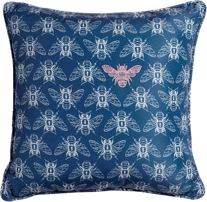 Honeycomb Indoor/Outdoor Square Toss Pillow for Patio Furniture, 17 x 17 | Nocturnal Blue Embroidered Bumble Bee Throw Pillow, Water & Fade Resistant for Patio Furniture Set
