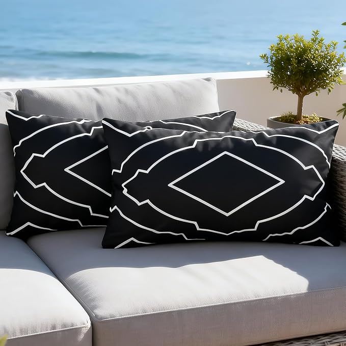 Waterproof Geometric Outdoor Pillow Covers 12x20 Inch Set of 2 | Black and White Geometric Throw Pillow Covers, Modern Decorative Cushion Cases for Patio Garden Porch Balcony Couch Sofa