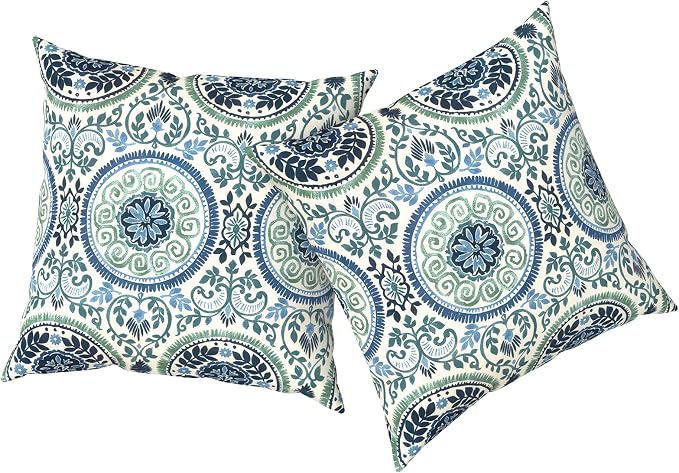 Outdoor Pillows with Insert 20x20 Inch, Waterproof Throw Pillow for Patio Furniture, Decorative Back Cushion for Garden Home Sofa Office Chair, Set of 2, Medallion Blue