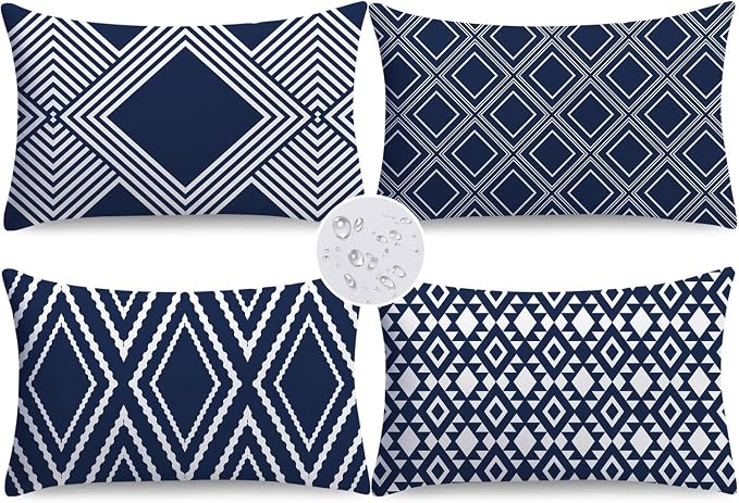 NIGHTWISH Outdoor Waterproof Pillow Covers 12x20 Set of 4 Navy Blue and White Modern Geometry Decorative Outdoor Throw Pillows Boho Cushion Cases for Patio Furniture Bench Couch Sunbrella