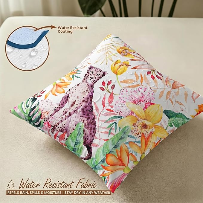 cygnus Summer Waterproof Outdoor Pillow Covers 18x18 Inch Tropical Jungle Floral Leaf Leopard Decorative Outdoor Pillows for Couch Patio Furniture Garden，Pack of 2