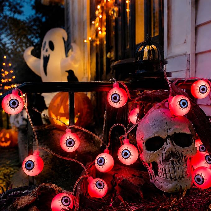 Crazy Night Halloween String Lights 10Ft 20 LEDs Battery Operated Red Eyeball Lights with Steady Flashing Modes Halloween Party Decor
