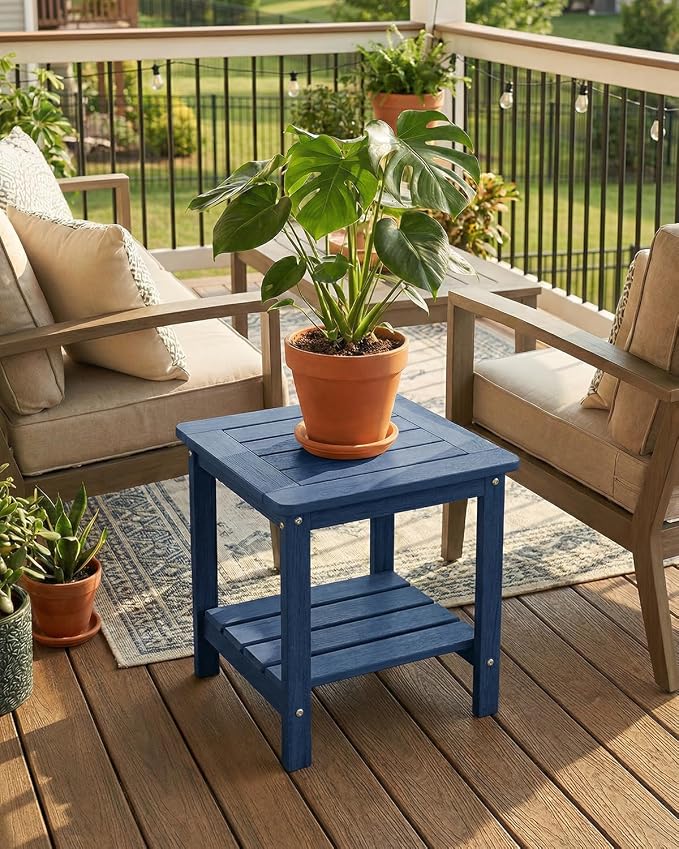 Kibaso-Adirondack Outdoor Side Table, 2-Tier HDPE Outdoor End Table, Weather Resistant Easy Maintenance, Small Patio Side Table for Patio, Pool, Porch, Garden, Lawn, and Living Room (2, Blue)