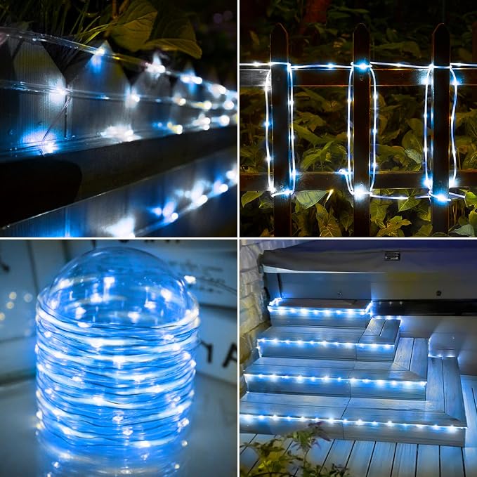 Solar Rope Lights, 33ft 100LED Solar String Lights, 8 Modes Waterproof Solar Outdoor Light, Flexible Clear Trampoline Light for Garden Backyard Patio Deck Porch Pool Tree Decoration - White & Blue