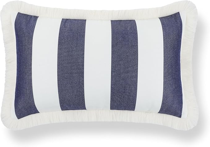 Hofdeco Premium Coastal Hampton Outdoor Performance Lumbar Pillow Cover Only, 12"x20" Water Repellent, UV and Fade Resistant for Backyard, Couch, Poolside, Indigo Blue Woven Beach Stripes