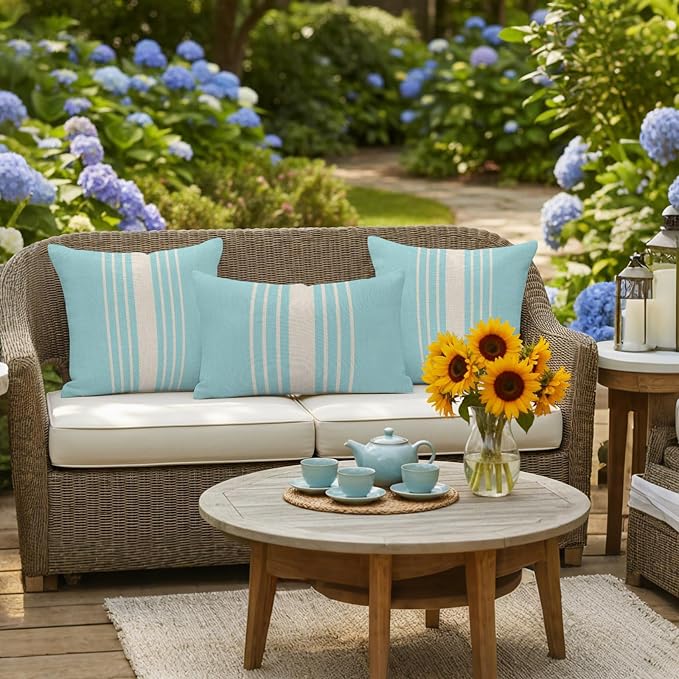 Aqua Beige Striped Outdoor Pillow Covers 16x16 Inch Throw Pillow Covers Set of 2 Waterproof Decorative Pillow Cases Modern Farmhouse Retro Lines Cushion Covers for Patio Furniture Garden Couch Sofa
