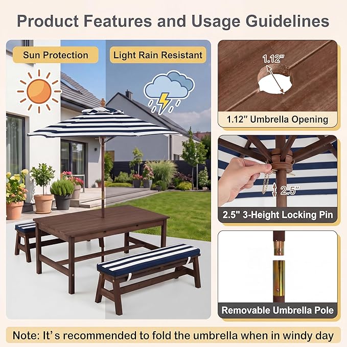 HONEY JOY Kids Picnic Table, Large 42” x 23” Tabletop, Fir Wood Toddler Outdoor Table & Bench Set w/Removable Cushions & Umbrella, Children Backyard Furniture for Patio Garden, Seats for 4 (Blue)
