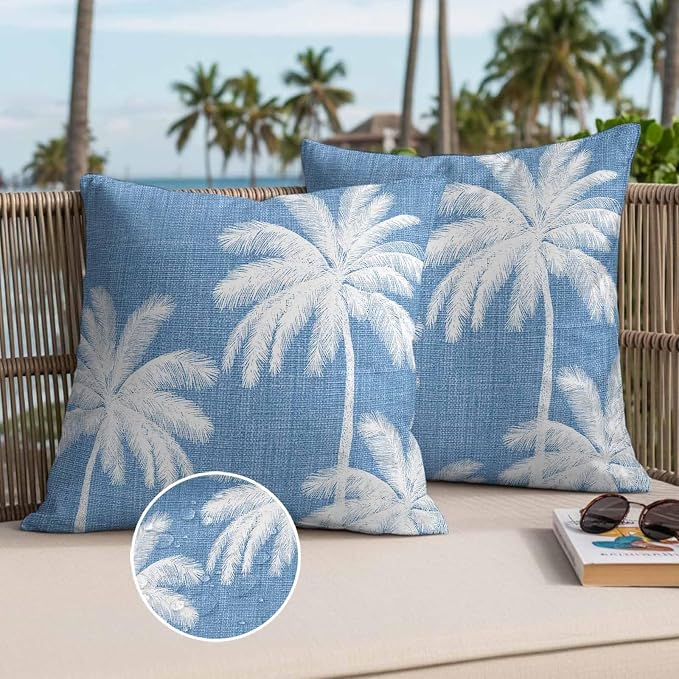 Outdoor Pillow Covers 18x18 Inch Set of 2, Blue Palm Trees Waterproof Throw Pillow Covers, Farmhouse Tropical Summer Beach Decorative Cushion Pillowcases for Couch, Sofa, Bed, Garden, Patio
