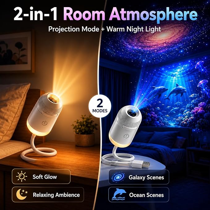 2027 Upgraded Hd Smart Dynamic 5d Holographic Night Light Projector, Plug and Play Hd Star Projector, 360° Adjustable Hd Galaxy and Ocean Projector for Indoor and Outdoor (6 Projection Films)