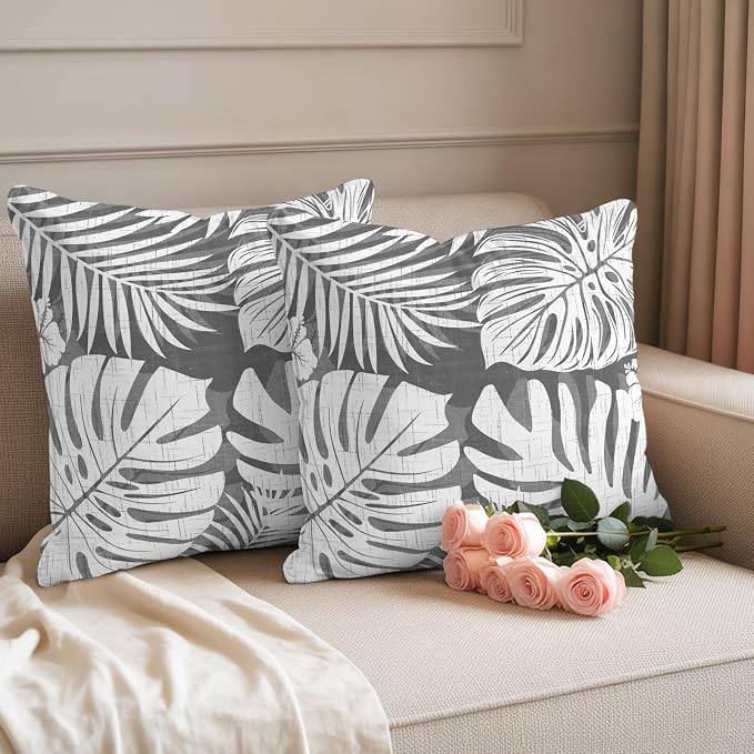 Grey Palm Leaves Outdoor Pillow Covers 26"x26" Set of 2, Tropical Botanical Modern Minimalist Waterproof Throw Pillow Covers for Patio Furniture, Decorative Cushion Covers for Porch