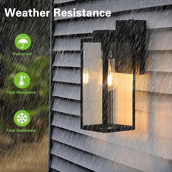 hykolity Large Outdoor Wall Lights, 16 Inch Dusk to Dawn Outdoor Lighting | Waterproof Exterior Lighting Fixtures, Anti-Rust Lantern Lamp with Glass Shade, Black Outdoor Lights for House Porch, 2 Pack