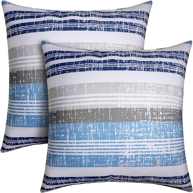 18x18 Waterproof Outdoor Pillows, Set of 2 Outdoor Throw Pillows | Patio Furniture Pillows, Fluffy Decorative Pillows, Waterproof &Fade Resistant, Removable & Washable, Stripe Blue White