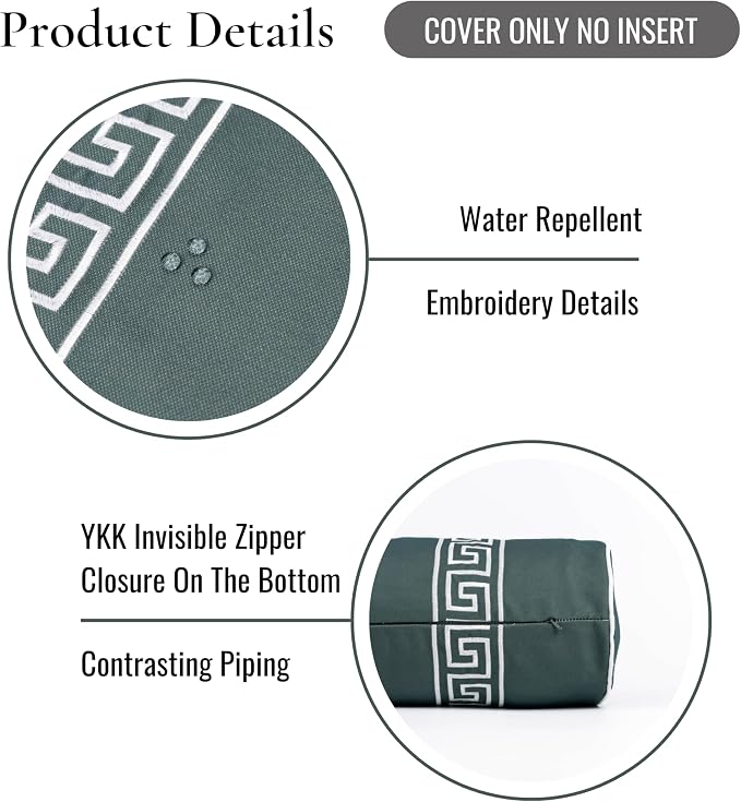 Hofdeco Premium Coastal Grandmillennial Patio Indoor Outdoor Bolster Pillow Cover Only, 8"x24" Water Repellent for Backyard, Couch, Poolside, Forest Green Embroidered Greek Key