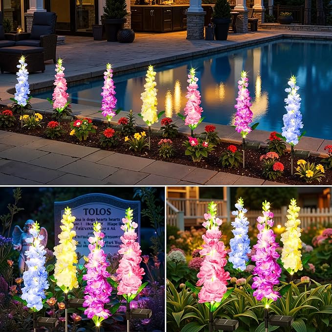 KOOPER Solar Delphinium Flower Lights Outdoor, 10 Pack, 90 LEDs, Waterproof | Vivid Solar Flowers Outdoor Waterproof for Landscape, Patio, Lawn, Flower Bed, and Yard Decor, Garden Gifts for Women, Mom