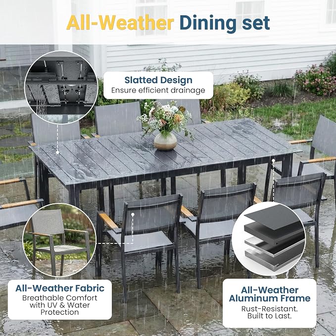 FansaFurn Patio Furniture Set with 121" Extendable Dining Table, Patio Table Set for 4–8 People, All-Weather Aluminum Outdoor Furniture, Outdoor Dining Set for Backyard, Porch, and Garde, Grey