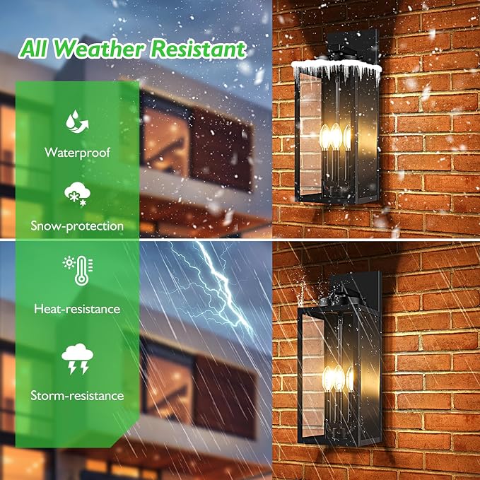 BesLowe 19” Large Outdoor Wall Light, 3-Light Exterior Porch Sconce, Black | Waterproof, Rust-Resistant, Durable Metal with Clear Glass, Standard E12 Socket, Easy to Install