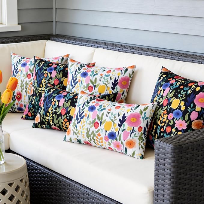 Outdoor Pillows Covers 18X18 Inch Pack of 2, Spring Floral Waterproof Throw Pillow Covers, White Printed Flower Decorative Square Pillowcases for Summer Patio Furniture Garden Balcony Porch