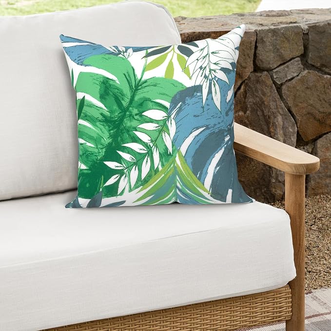 Outdoor Throw Pillows 16x16 Inch, Water Repellent Patio Pillows with Inners Set of 2 for Patio Furniture Home Garden, Islamorada Blue Green