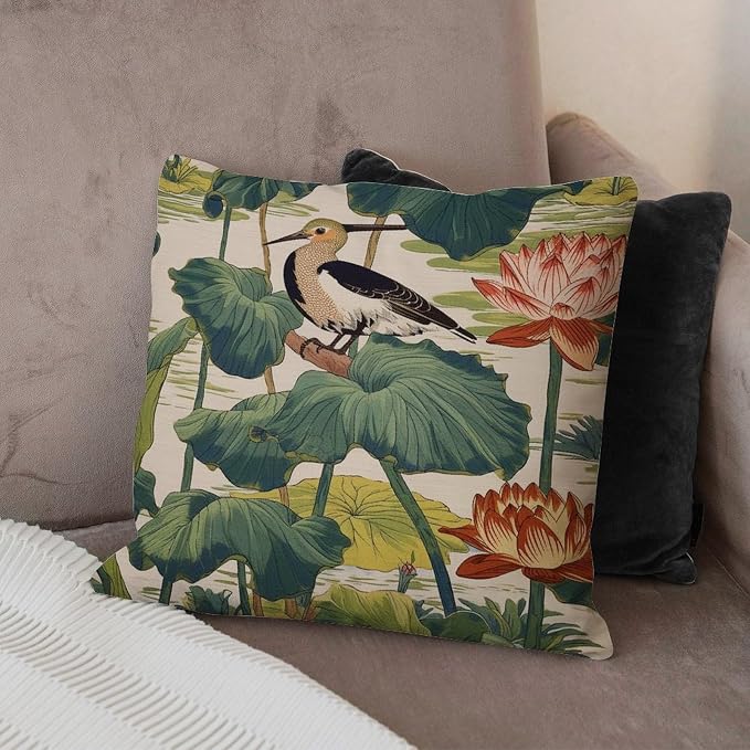Nympheus Pistachio Outdoor Cushion Cases Lotus Pond Bird Throw Pillow Cover Accent Waterproof Throw Pillow Covers for Patio Furniture Tent Garden 22x22 in