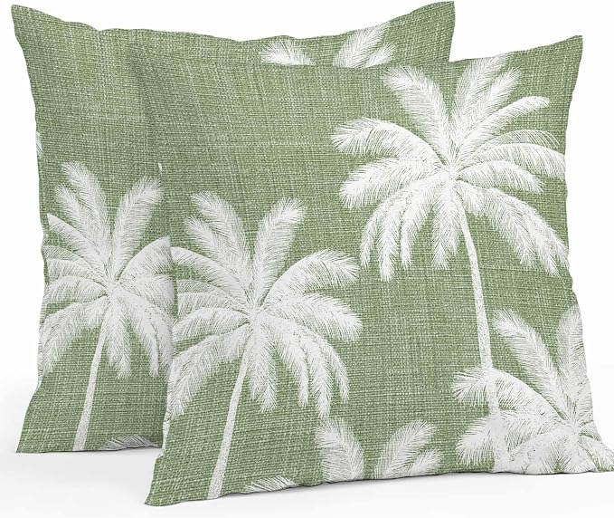 Outdoor Pillow Covers 16x16 Inch Set of 2, Dark Sage Green Palm Trees Waterproof Throw Pillow Covers, Tropical Summer Beach Decorative Cushion Pillowcases for Couch, Sofa, Bed, Garden, Patio