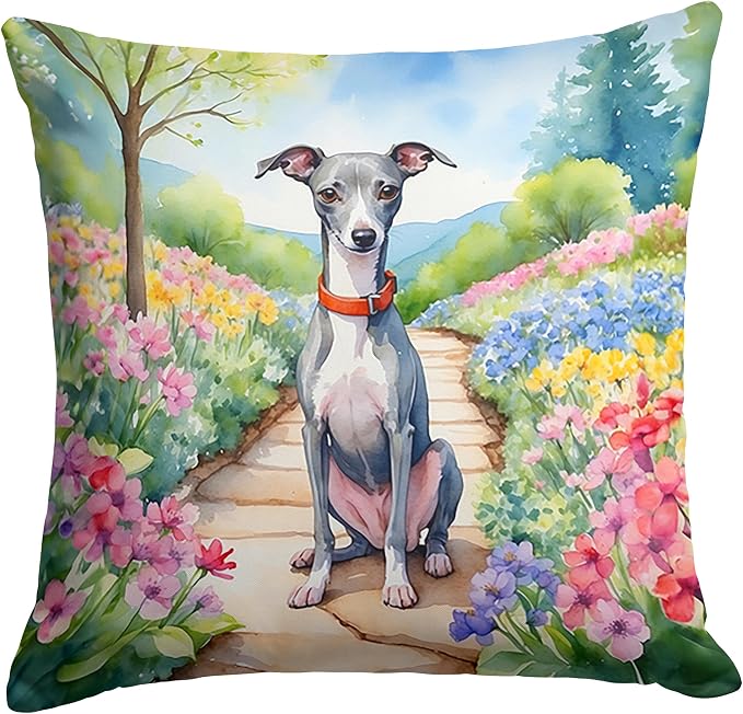 Caroline's Treasures Italian Greyhound Spring Path Throw Pillow Machine Washable, Indoor Outdoor Decorative Pillow for Couch, Bed or Patio, 18Hx18W