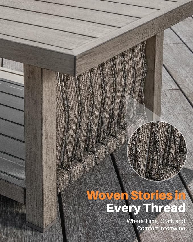 Outdoor Coffee Table, Never Rusts Aluminum Rope Weave Patio Coffee Table, Weatherproof 2-Tier Rectangle Outdoor Patio Table with Adjustable Feet for Garden, Pool, Outside, Decks, Gray Oak