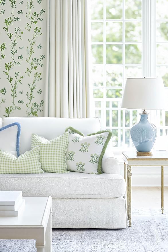 Hofdeco Premium Grandmillennial Coastal Hampton Patio Indoor Outdoor Throw Pillow Cover Only, 20"x20" Water Repellent for Backyard, Couch, Poolside, Grass Green Print Hydrangea Flowers